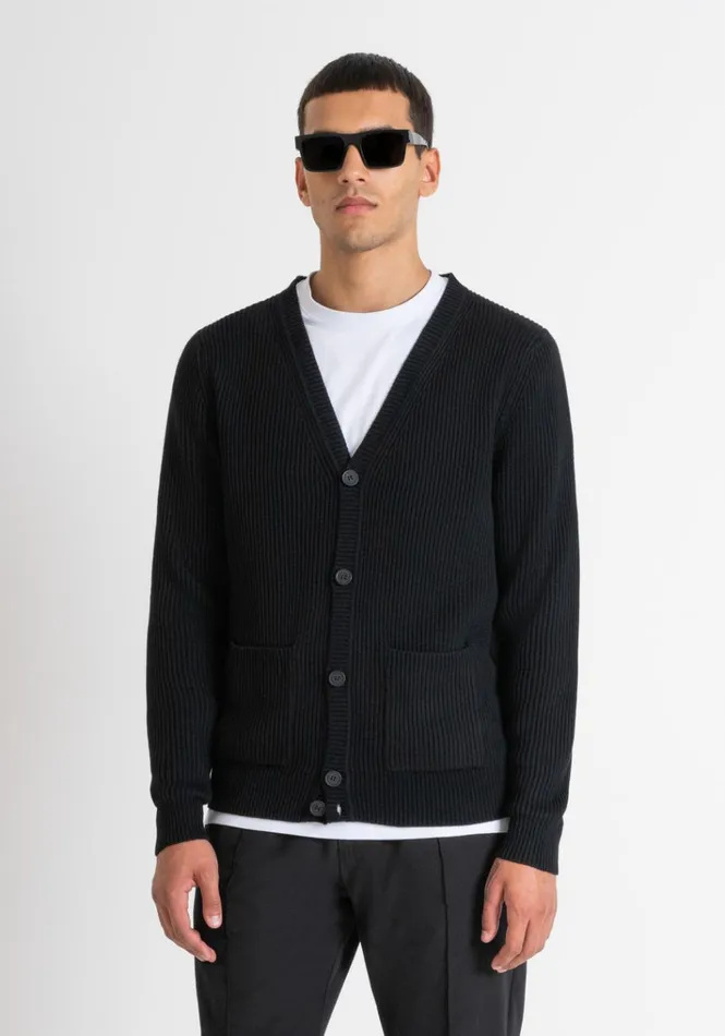 Knitwear Men Antony Morato Regular Fit Cardigan In Black Worked Wool Blend Black