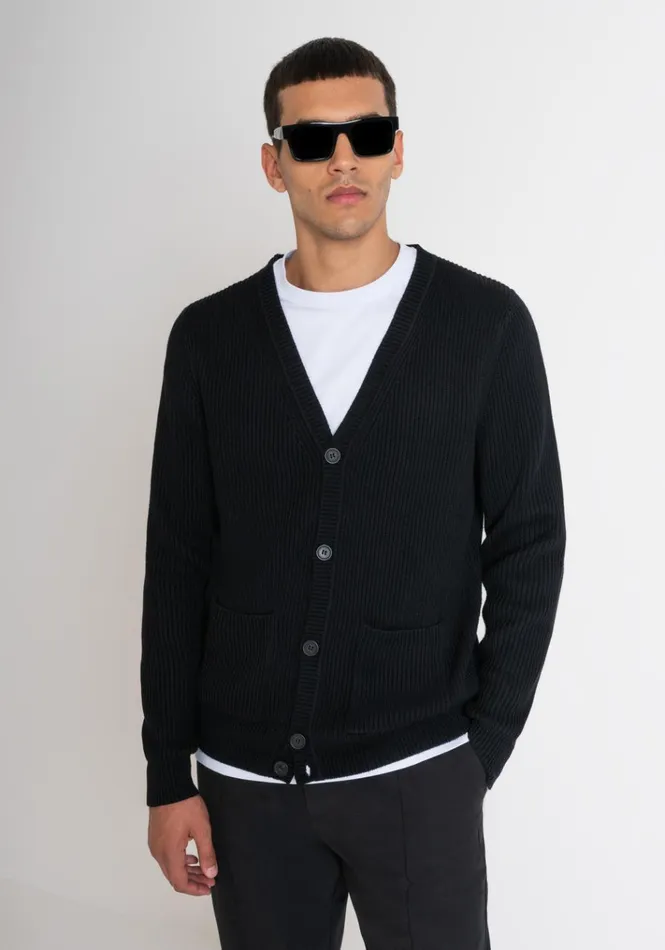 Knitwear Men Antony Morato Regular Fit Cardigan In Black Worked Wool Blend Black
