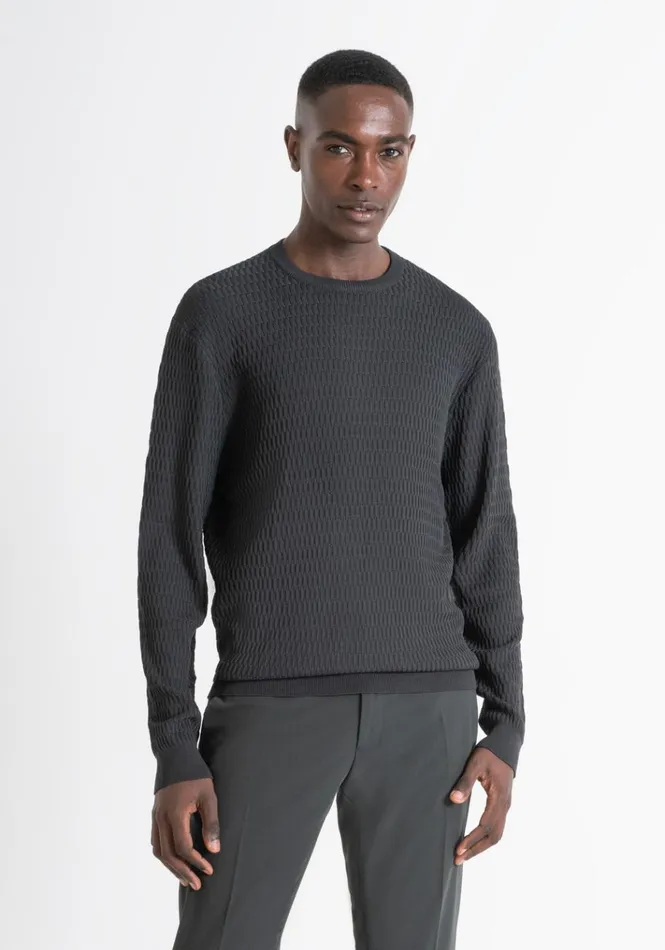 Knitwear Men Antony Morato Regular Fit Green Crew Neck Sweater In Viscose Blend Jacquard Forest Green Knitwear Men Antony Morato Regular Fit Green Crew Neck Sweater In Viscose Blend Jacquard Forest Green