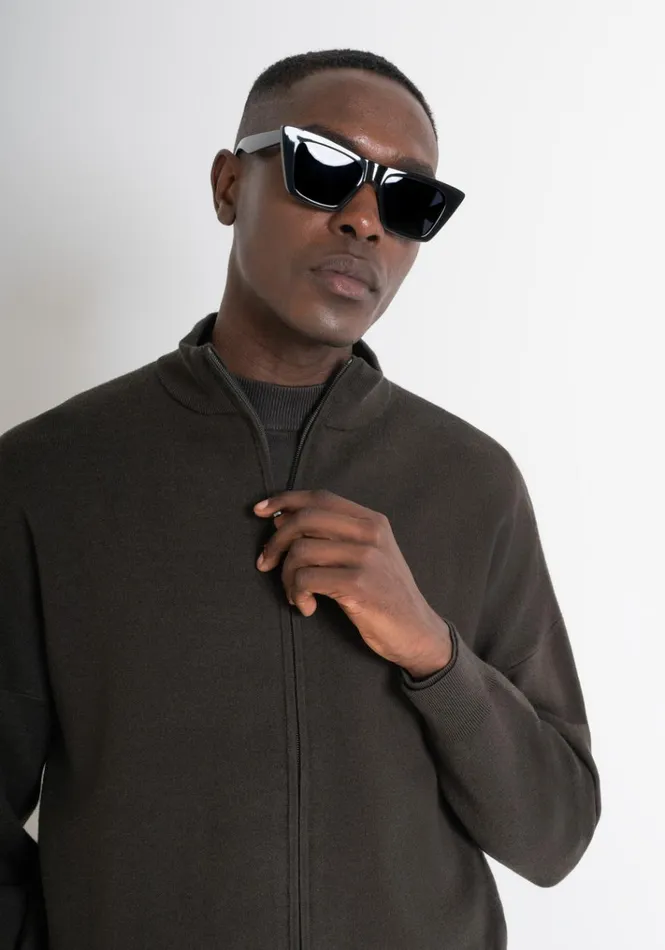 Knitwear Men Antony Morato Relaxed Fit Sweater With Zip In Green Yarn Blend Dark Olive Green