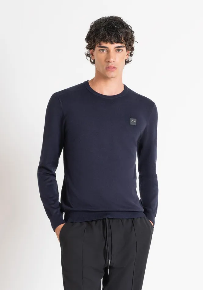 Knitwear Men Antony Morato Slim Fit Sweater In Viscose Blend With Rubberised Logo Blue Ink Knitwear Men Antony Morato Slim Fit Sweater In Viscose Blend With Rubberised Logo Blue Ink