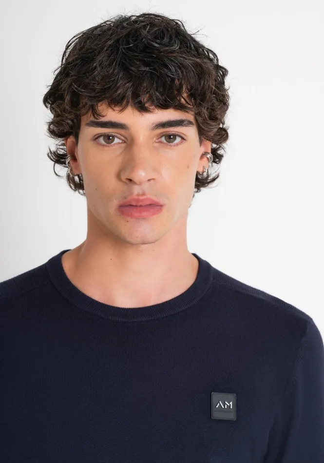 Knitwear Men Antony Morato Slim Fit Sweater In Viscose Blend With Rubberised Logo Blue Ink