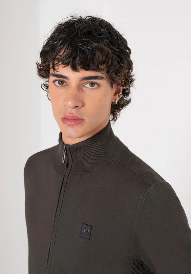 Knitwear Men Antony Morato Slim Fit Sweater In Viscose Blend With Zip And Rubberised Logo Dark Olive Green