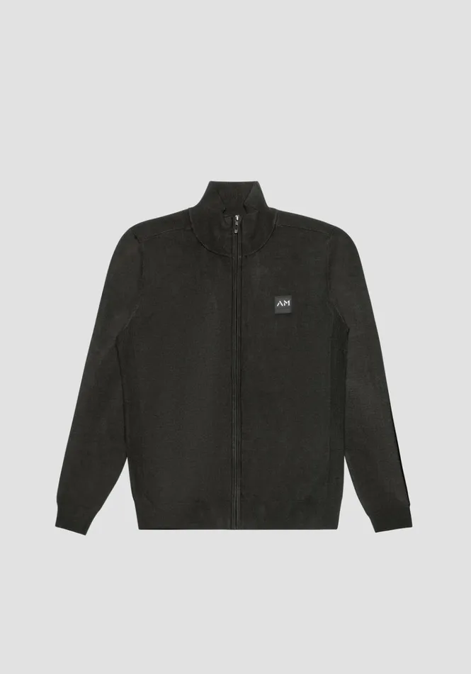 Knitwear Men Antony Morato Slim Fit Sweater In Viscose Blend With Zip And Rubberised Logo Dark Olive Green