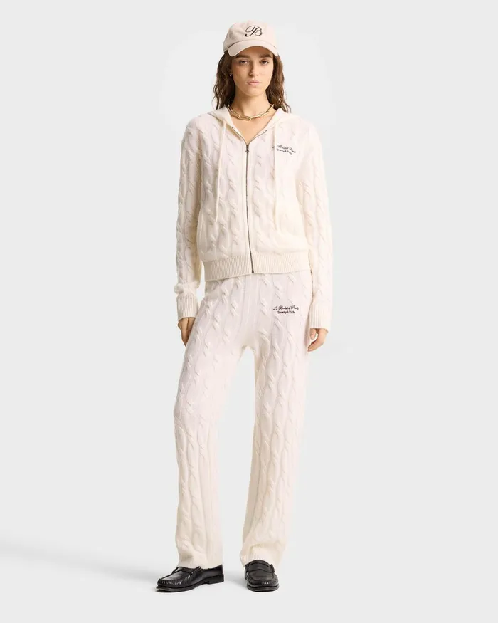 Knitwear Women Sporty and Rich Faubourg Cableknit Wool Cashmere Pants 8211 CreamWhite