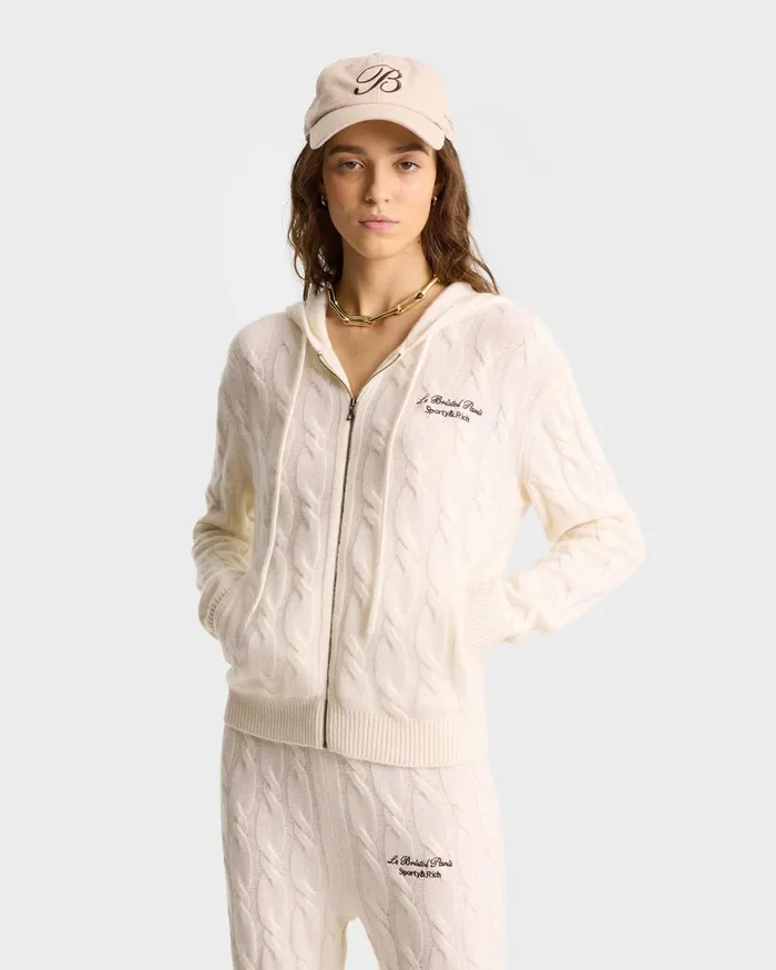 Knitwear Women Sporty and Rich Faubourg Cableknit Wool Cashmere Pants 8211 CreamWhite
