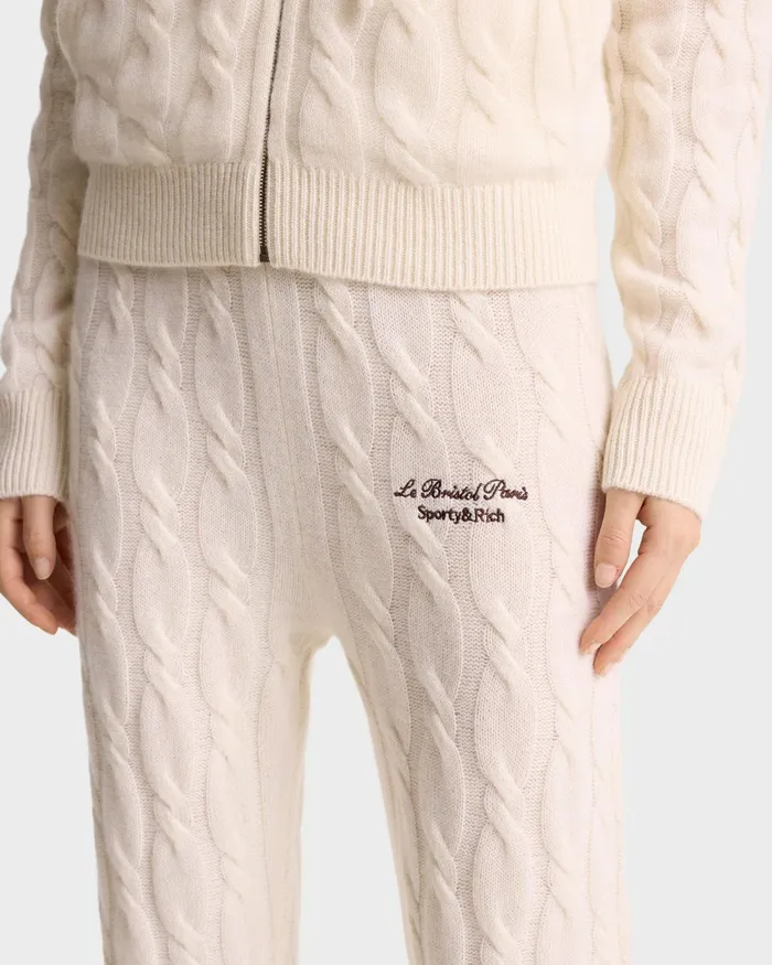 Knitwear Women Sporty and Rich Faubourg Cableknit Wool Cashmere Pants 8211 CreamWhite
