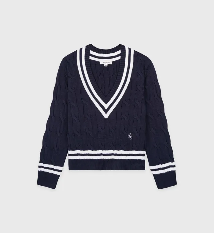 Knitwear Women Sporty and Rich SRC Cableknit VNeck Sweater 8211 NavyWhite
