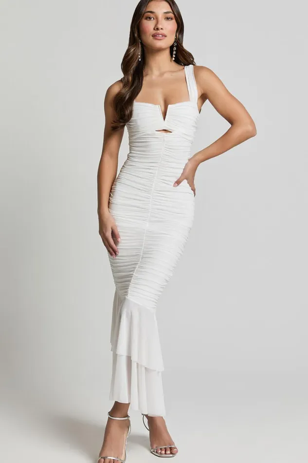 Kody Midi Dress 8211 Bodycon Ruched Mesh Cut Out Dress In White Women Showpo Dresses