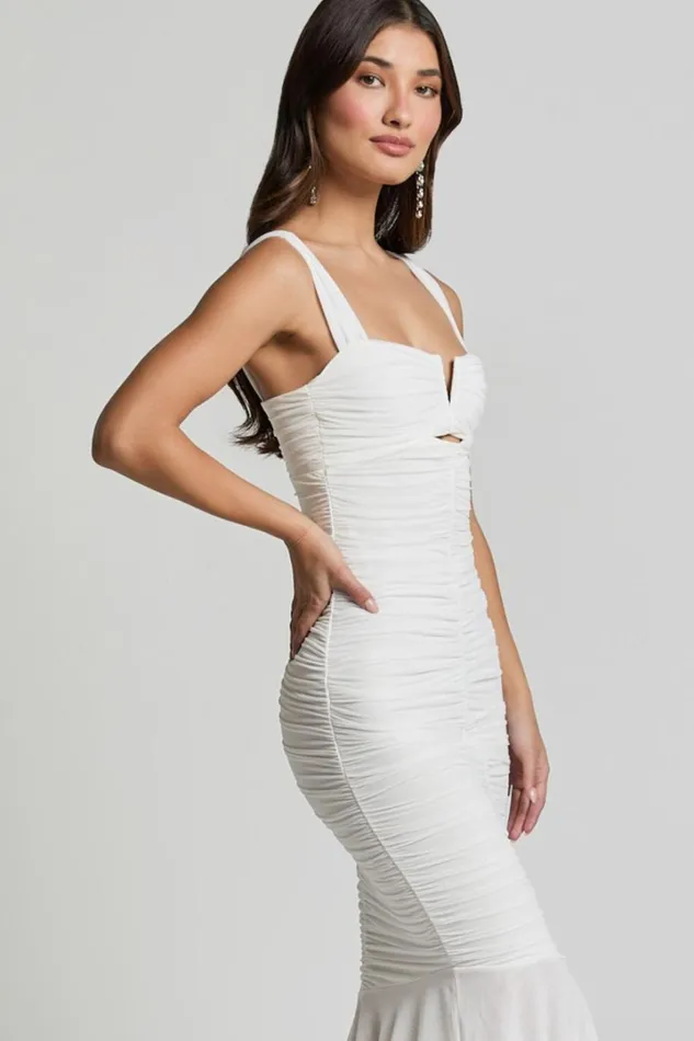 Kody Midi Dress 8211 Bodycon Ruched Mesh Cut Out Dress In White Women Showpo Dresses