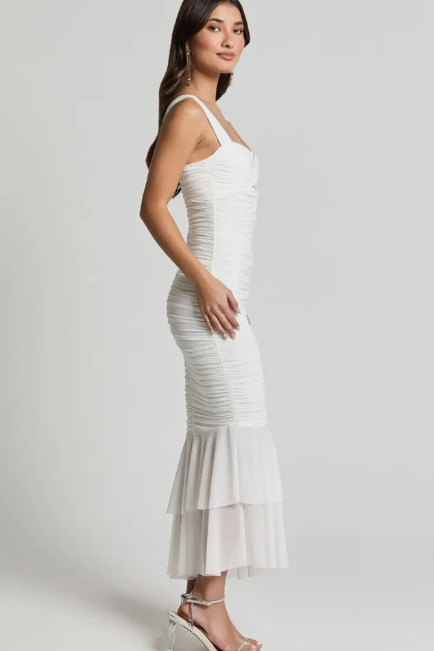 Kody Midi Dress 8211 Bodycon Ruched Mesh Cut Out Dress In White Women Showpo Dresses