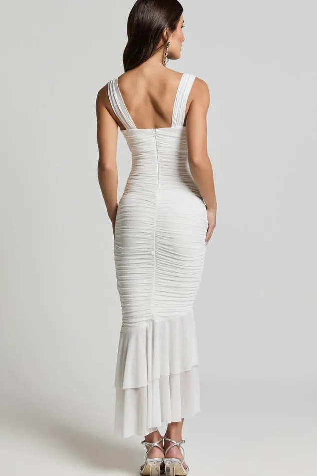 Kody Midi Dress 8211 Bodycon Ruched Mesh Cut Out Dress In White Women Showpo Dresses