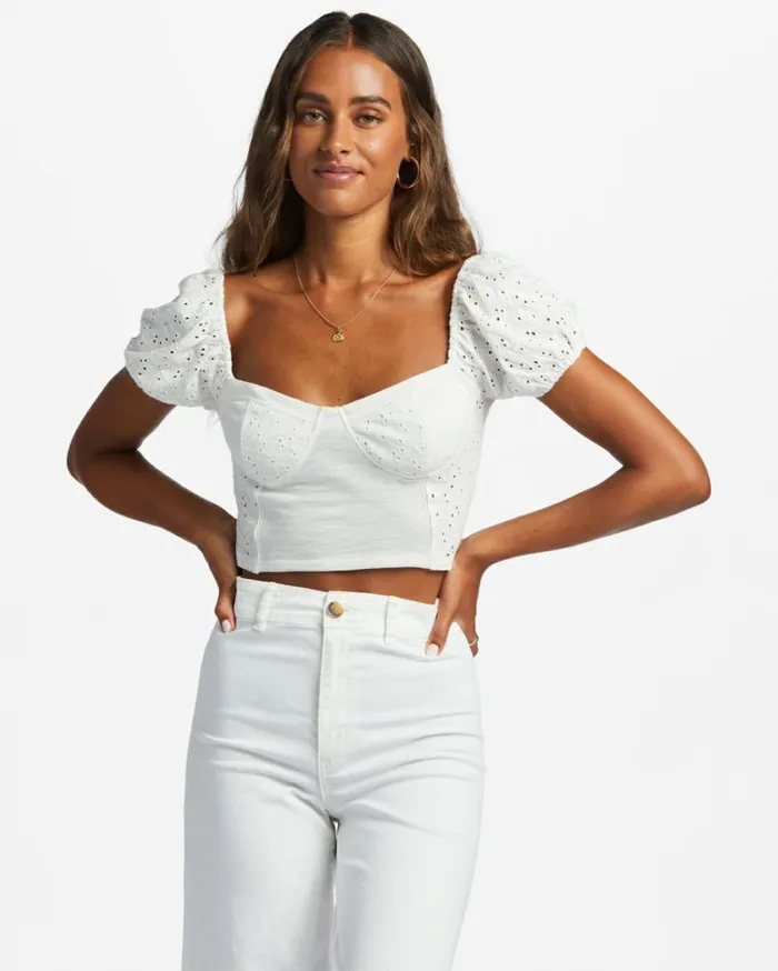 Last Kiss Puff Sleeve Top Salt Crystal Women Billabong Tops