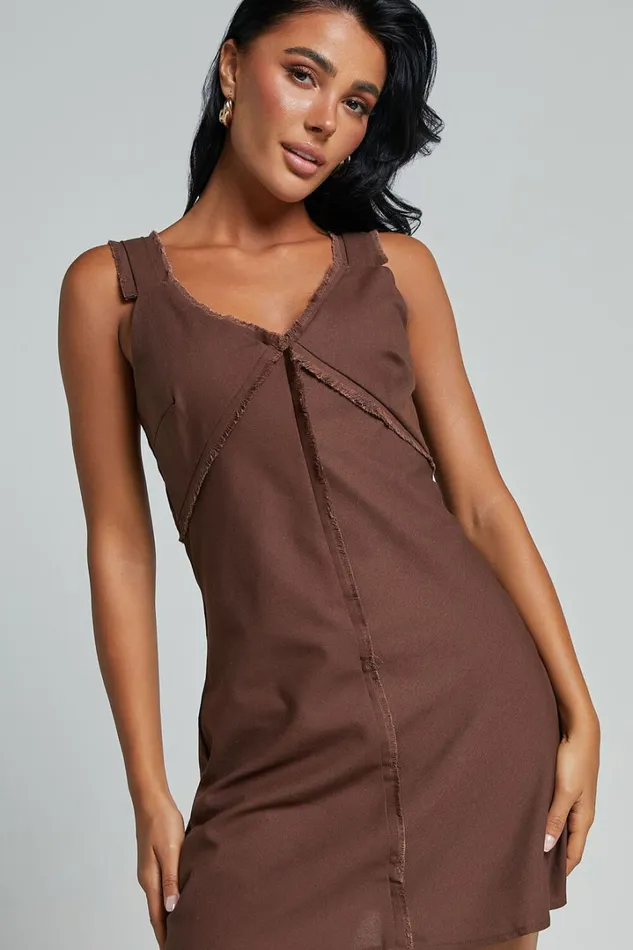 Lauryn Mini Dress 8211 Linen Look V Neck A Line Dress In Chocolate Women Showpo Dresses