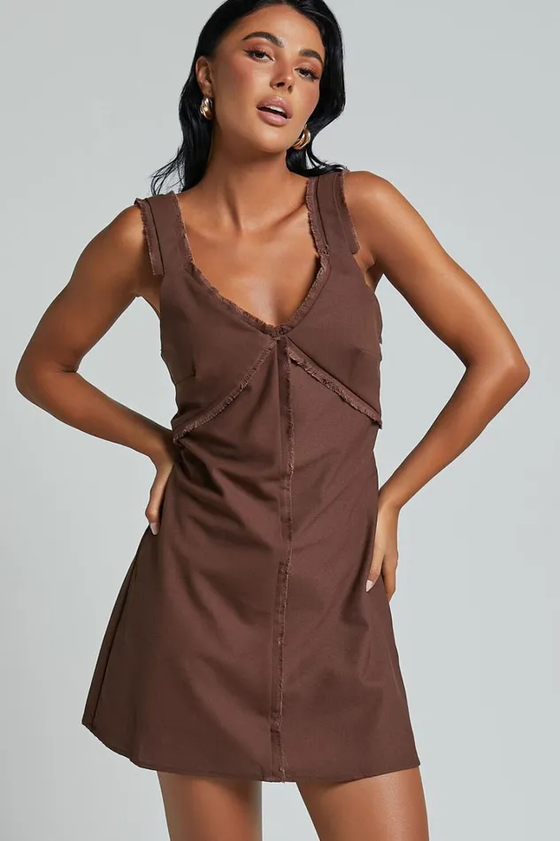 Lauryn Mini Dress 8211 Linen Look V Neck A Line Dress In Chocolate Women Showpo Dresses