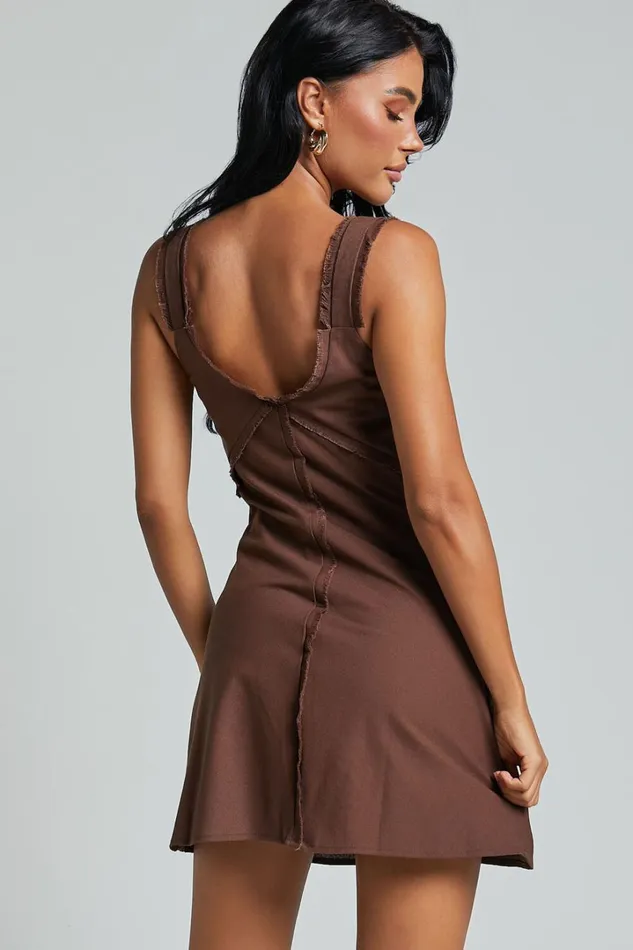 Lauryn Mini Dress 8211 Linen Look V Neck A Line Dress In Chocolate Women Showpo Dresses