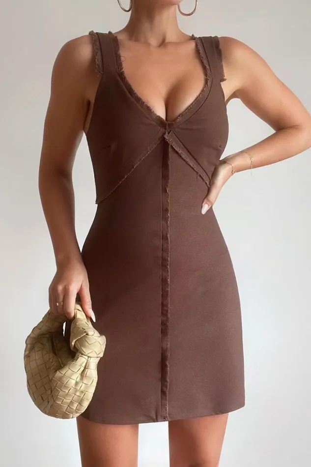 Lauryn Mini Dress 8211 Linen Look V Neck A Line Dress In Chocolate Women Showpo Dresses