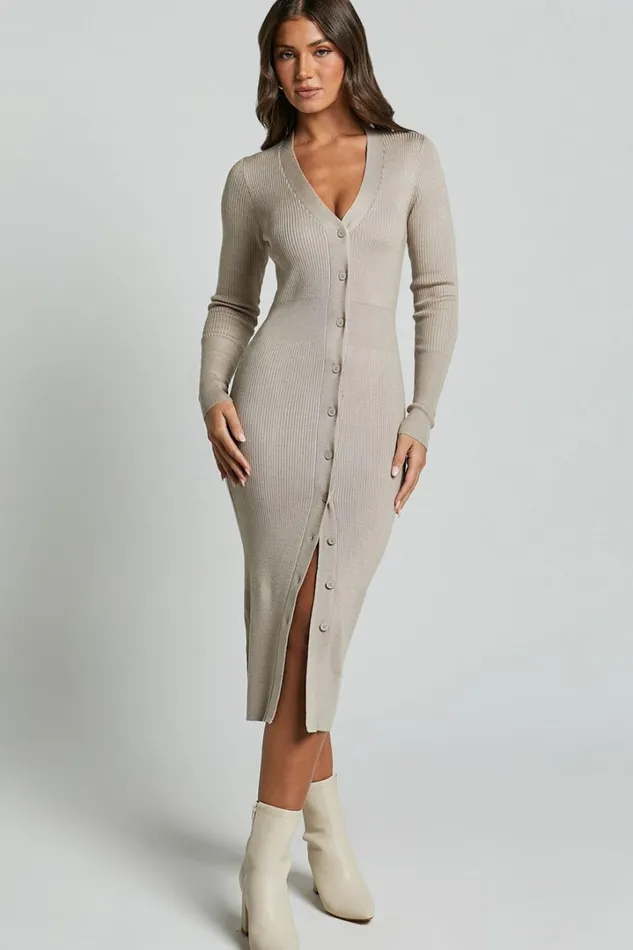 Leahanna Midi Dress 8211 Button Front Knit Dress In Taupe Women Showpo Curve Clothes