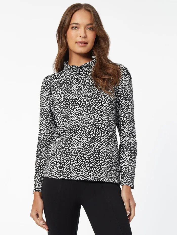 Leopard Print PuffSleeve Turtleneck Top Women Jones New York Tops and Blouses
