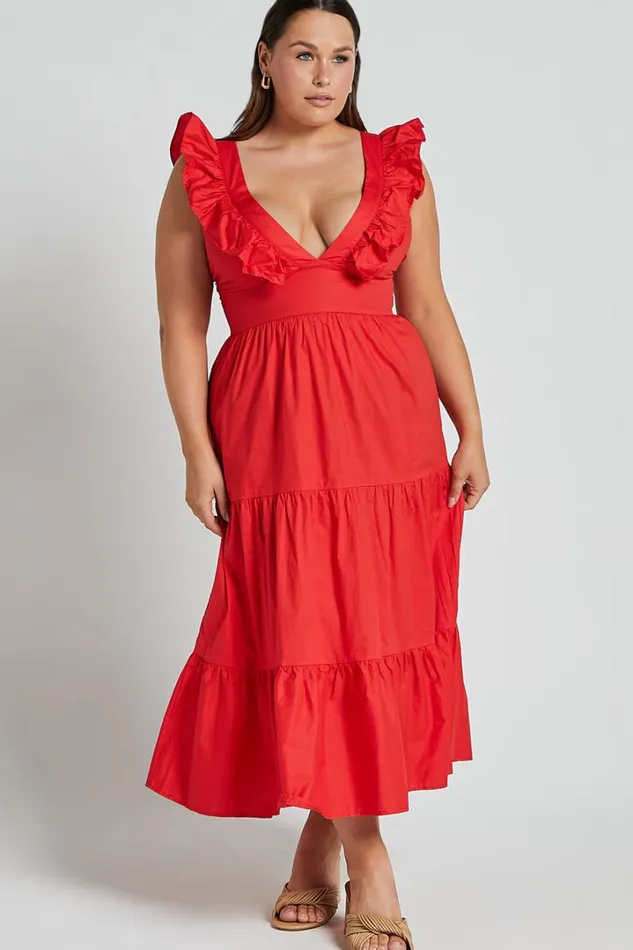 Levona Midi Dress 8211 Ruffle Shoulder Tiered Dress In Cherry Tomato Women Showpo Curve Clothes