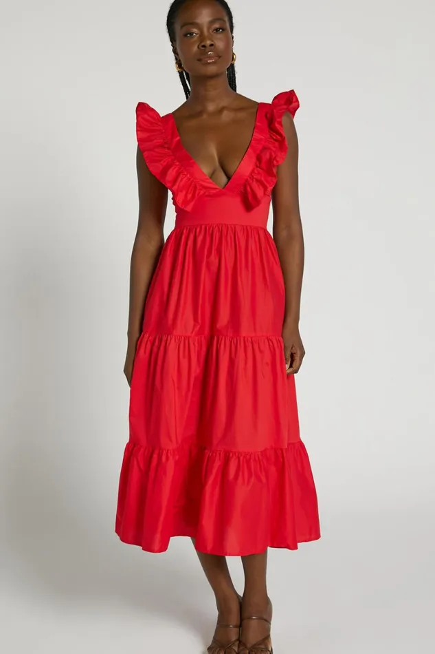 Levona Midi Dress 8211 Ruffle Shoulder Tiered Dress In Cherry Tomato Women Showpo Curve Clothes