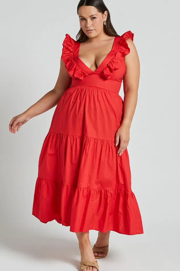 Levona Midi Dress 8211 Ruffle Shoulder Tiered Dress In Cherry Tomato Women Showpo Curve Clothes