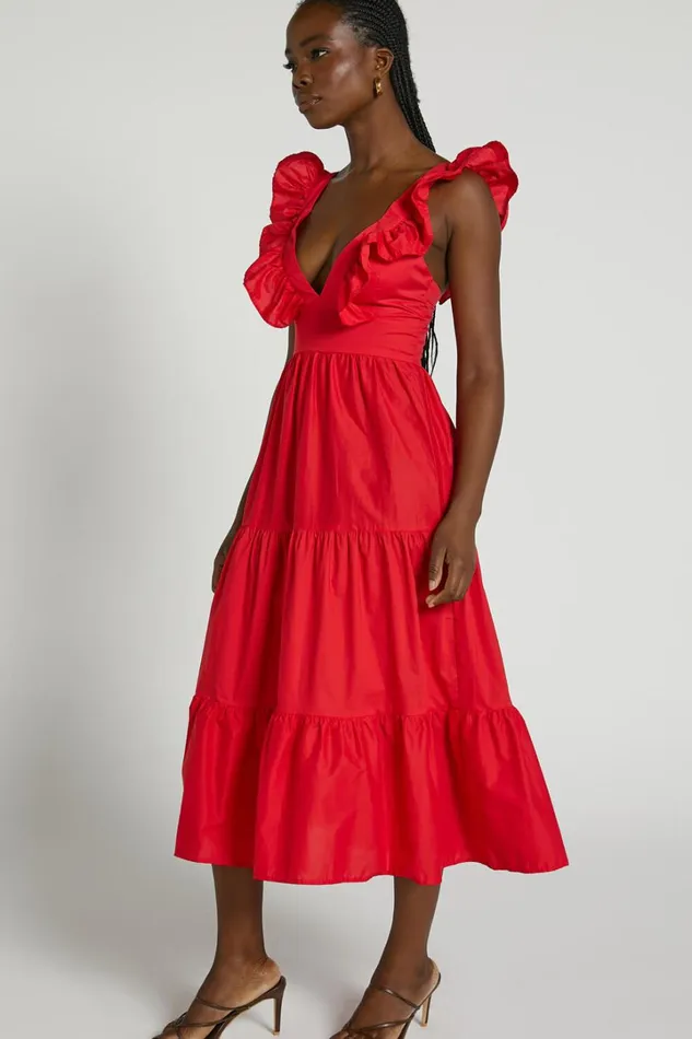Levona Midi Dress 8211 Ruffle Shoulder Tiered Dress In Cherry Tomato Women Showpo Curve Clothes