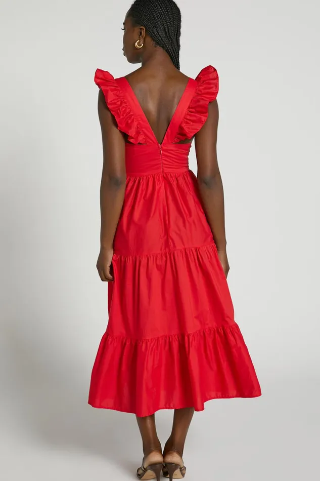 Levona Midi Dress 8211 Ruffle Shoulder Tiered Dress In Cherry Tomato Women Showpo Curve Clothes