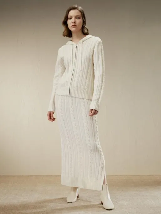 Lilysilk Cable Knit Wool Maxi Skirt Women Knitwear