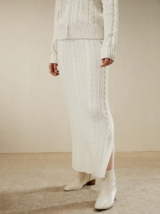 Lilysilk Cable Knit Wool Maxi Skirt Women Knitwear