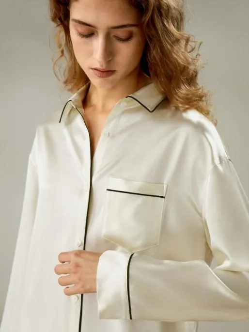 Lilysilk Contrast Piping ButtonUp Full Length Pajama Set Women Pajamas