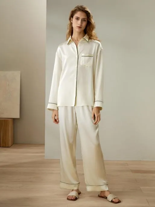 Lilysilk Contrast Piping ButtonUp Full Length Pajama Set Women Pajamas