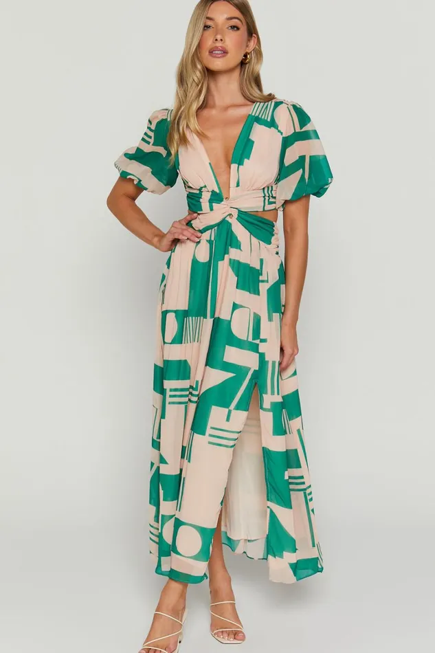 Lindey Midi Dress 8211 Side Cut Plunge Neck Puff Sleeve Dress In Green And Cream Geo Women Showpo Dresses Lindey Midi Dress 8211 Side Cut Plunge Neck Puff Sleeve Dress In Green And Cream Geo Women Showpo Dresses