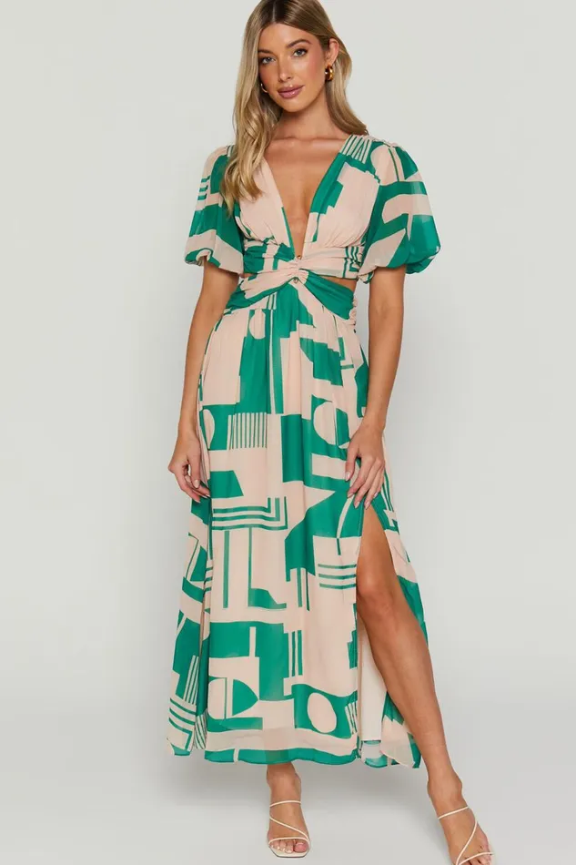 Lindey Midi Dress 8211 Side Cut Plunge Neck Puff Sleeve Dress In Green And Cream Geo Women Showpo Dresses