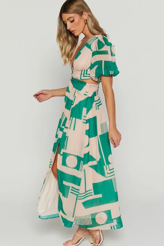 Lindey Midi Dress 8211 Side Cut Plunge Neck Puff Sleeve Dress In Green And Cream Geo Women Showpo Dresses