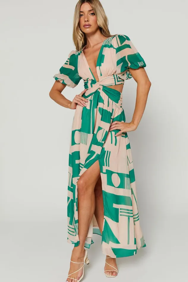 Lindey Midi Dress 8211 Side Cut Plunge Neck Puff Sleeve Dress In Green And Cream Geo Women Showpo Dresses