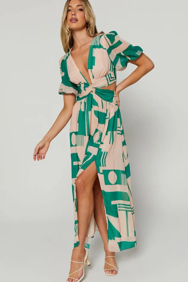 Lindey Midi Dress 8211 Side Cut Plunge Neck Puff Sleeve Dress In Green And Cream Geo Women Showpo Dresses