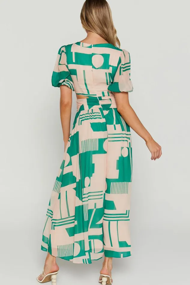 Lindey Midi Dress 8211 Side Cut Plunge Neck Puff Sleeve Dress In Green And Cream Geo Women Showpo Dresses