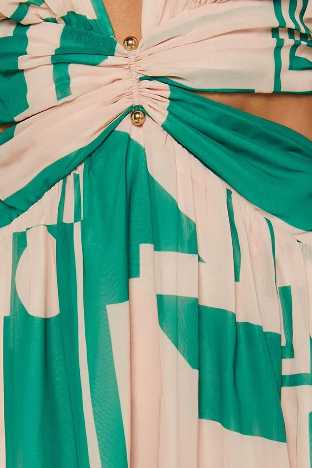 Lindey Midi Dress 8211 Side Cut Plunge Neck Puff Sleeve Dress In Green And Cream Geo Women Showpo Dresses