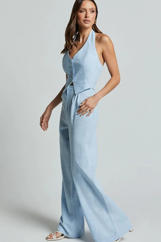 Linette Jumpsuit 8211 Halter Neck Button Through Vest Tailored Wide Leg Jumpsuit In Light Blue Women Showpo Jumpsuits