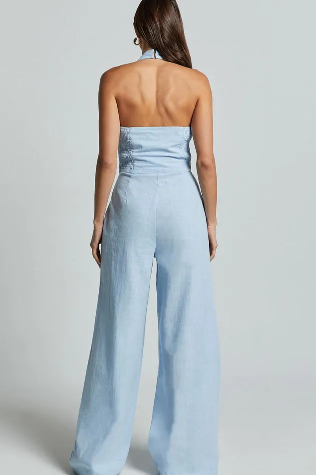 Linette Jumpsuit 8211 Halter Neck Button Through Vest Tailored Wide Leg Jumpsuit In Light Blue Women Showpo Jumpsuits