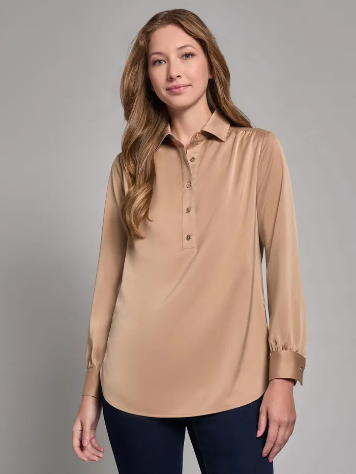 Long Sleeve Collared Popover Blouse Jasper Crepe Women Jones New York Tops and Blouses