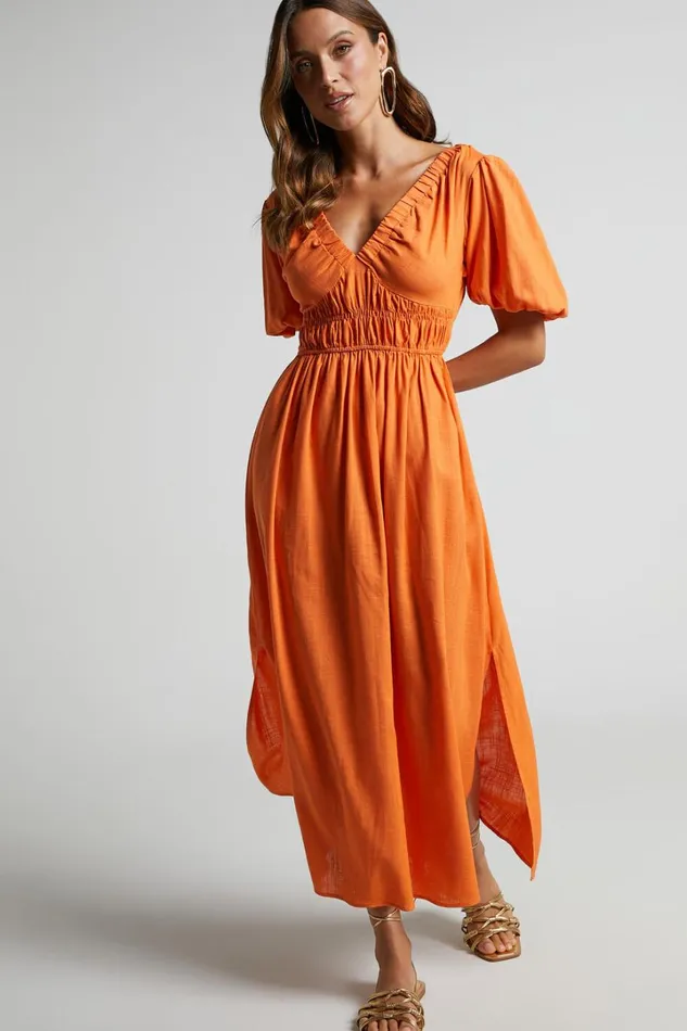 Lorella Midi Dress 8211 Puff Sleeve Plunge Neck Dress In Orange Women Showpo Dresses