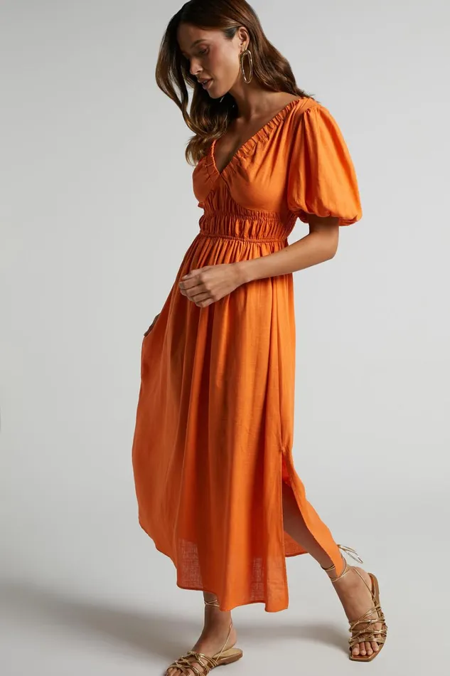 Lorella Midi Dress 8211 Puff Sleeve Plunge Neck Dress In Orange Women Showpo Dresses Lorella Midi Dress 8211 Puff Sleeve Plunge Neck Dress In Orange Women Showpo Dresses
