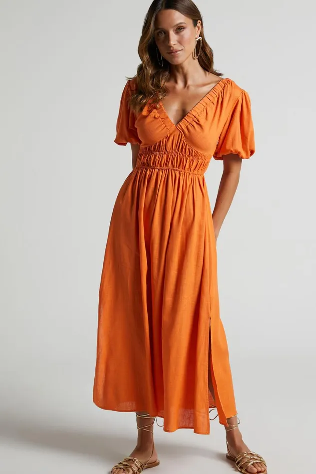 Lorella Midi Dress 8211 Puff Sleeve Plunge Neck Dress In Orange Women Showpo Dresses Lorella Midi Dress 8211 Puff Sleeve Plunge Neck Dress In Orange Women Showpo Dresses