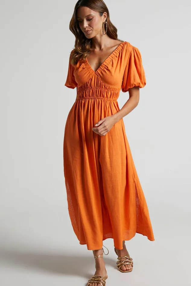 Lorella Midi Dress 8211 Puff Sleeve Plunge Neck Dress In Orange Women Showpo Dresses Lorella Midi Dress 8211 Puff Sleeve Plunge Neck Dress In Orange Women Showpo Dresses