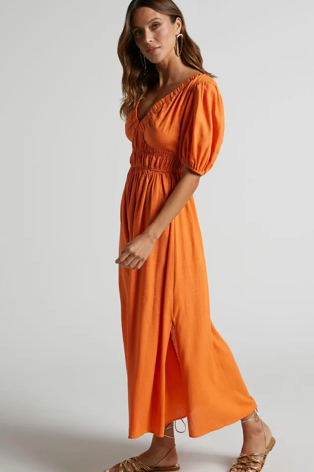 Lorella Midi Dress 8211 Puff Sleeve Plunge Neck Dress In Orange Women Showpo Dresses Lorella Midi Dress 8211 Puff Sleeve Plunge Neck Dress In Orange Women Showpo Dresses