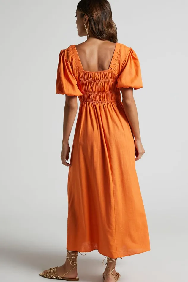 Lorella Midi Dress 8211 Puff Sleeve Plunge Neck Dress In Orange Women Showpo Dresses Lorella Midi Dress 8211 Puff Sleeve Plunge Neck Dress In Orange Women Showpo Dresses