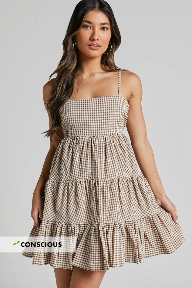 Lorelle Mini Dress 8211 Straight Neck Tiered Dress In Brown Check Gingham Women Showpo Dresses Lorelle Mini Dress 8211 Straight Neck Tiered Dress In Brown Check Gingham Women Showpo Dresses