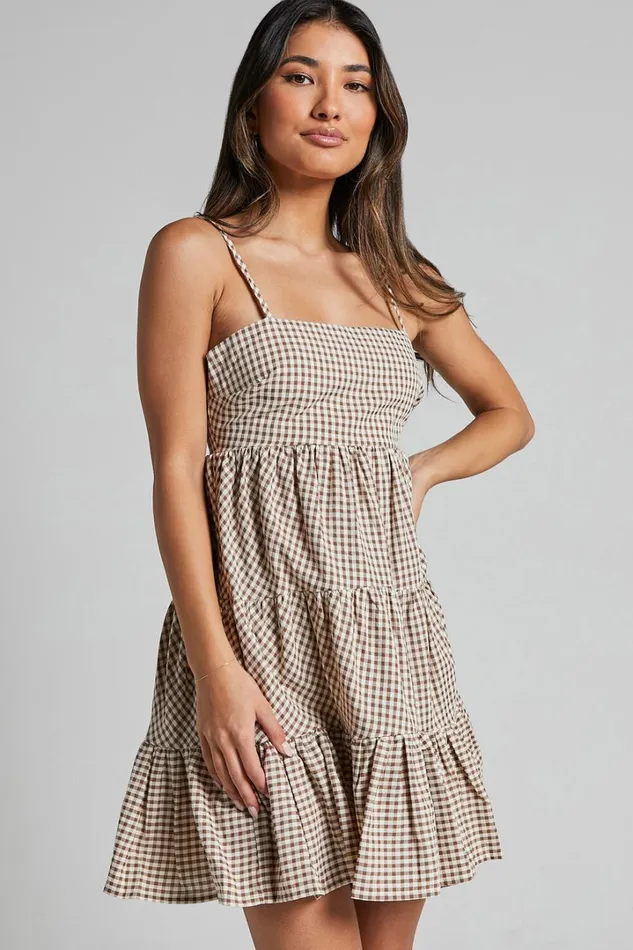Lorelle Mini Dress 8211 Straight Neck Tiered Dress In Brown Check Gingham Women Showpo Dresses
